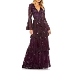 Mac Duggal Sequin Stripe Long Sleeve Tiered Ruffle Gown Blackberry Size 20 NWT